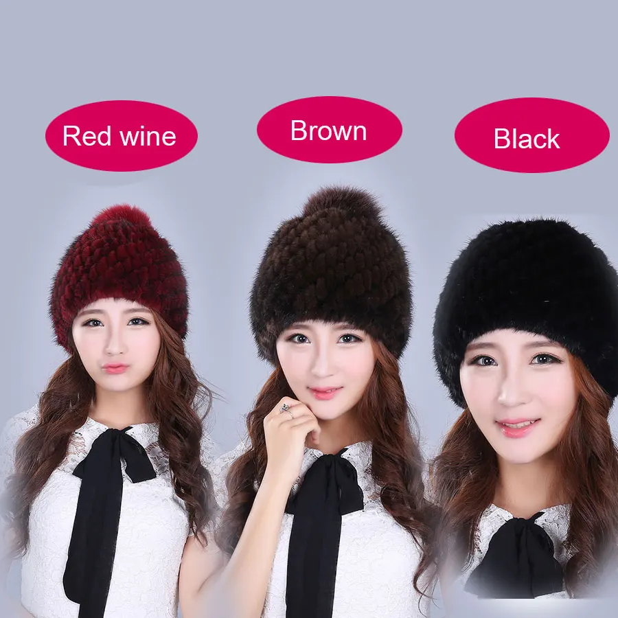 2018 Real Fur Hat Women New Winter Natural Mink Lining Knitted Beanie Red Wine Elegant Brown Black Solid | Аксессуары для одежды