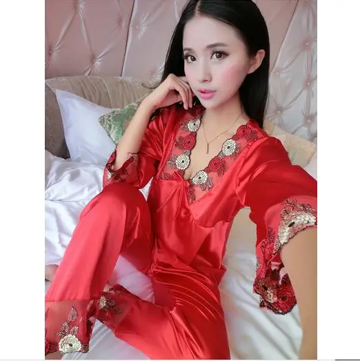 Женская шелковая пижама Сезон весна лето Женские атласные пижамы с кружевной