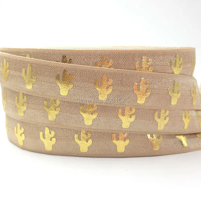 

Top Quality 5/8" Gold Cactus Print Fold Over Elastic 10 yards FOE Elastic Hair Tie Gift Wrap Ribbon for Bracelet DIY Headwear