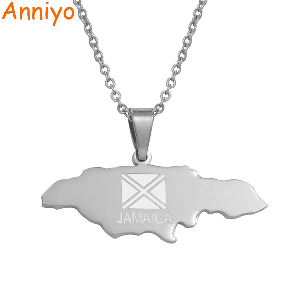 Anniyo Silver Jamaica Map Stainless Steel Pendant and hin Chain Necklaces Jewelry Jamaican Country Gifts #019421P | Украшения и