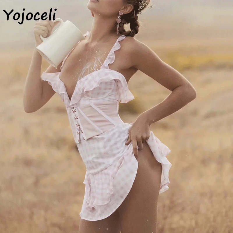 Yojoceli сексуальное клетчатое платье с оборками женское v образным вырезом богемный