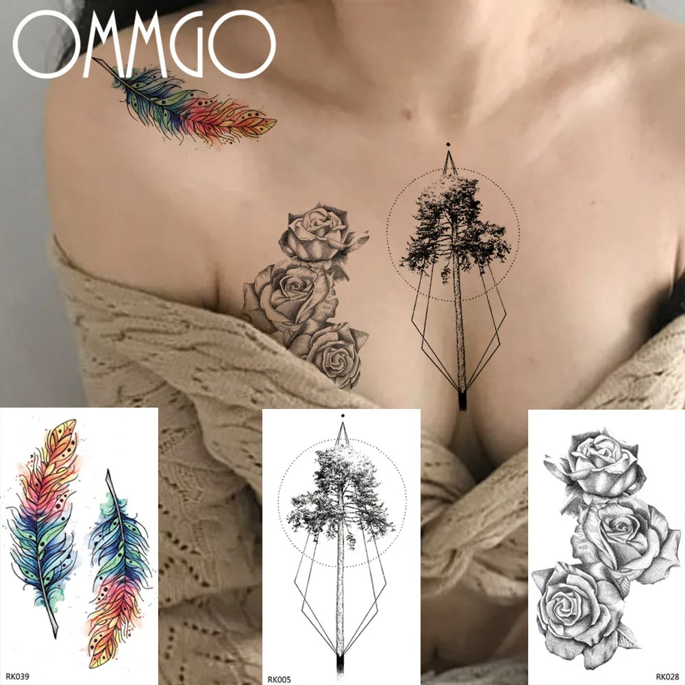 

OMMGO 3D Feather Geometric Pine Tree Temporary Tattoos Sticker Rosr Flower Body Art Arm Women Men Draw Fake Tatoos Custom Tattoo
