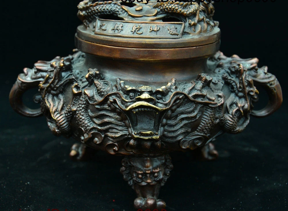 Китайская Бронзовая голова льва зверя мифический Дракон Лунг курильница ладана |