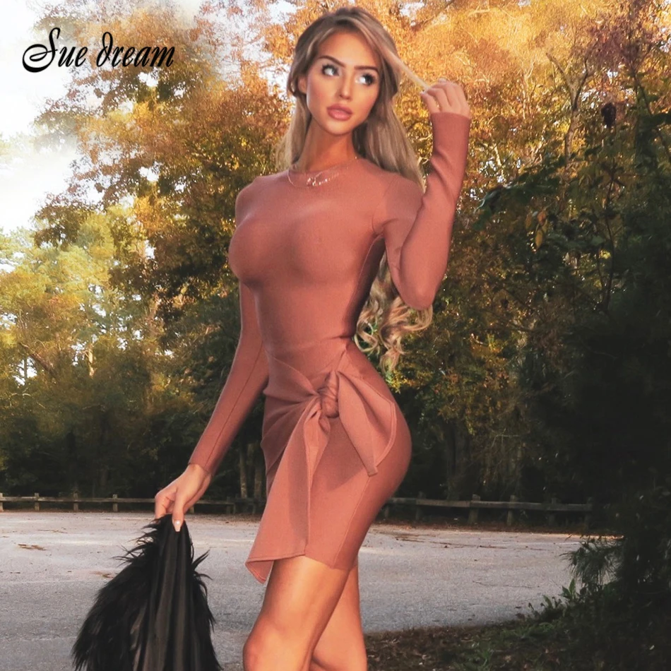 Элегантный коричневый с длинным рукавом О образным вырезом и бантом Bodycon 2020 новые