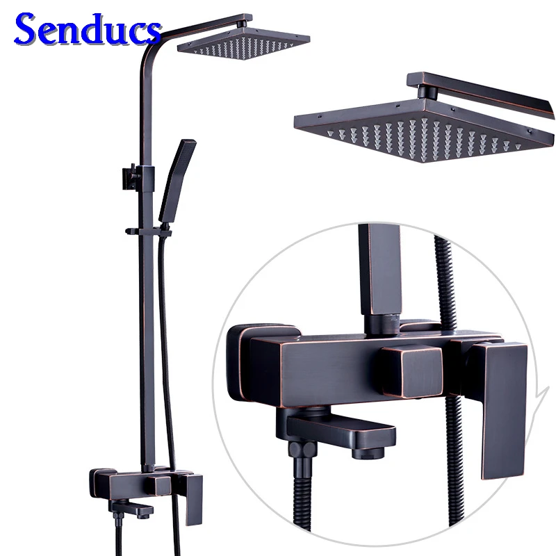 

Senducs Luxury Black Shower Set European Style Black Bathroom Shower Faucet Stainless Steel Top Shower Water Saving Tap