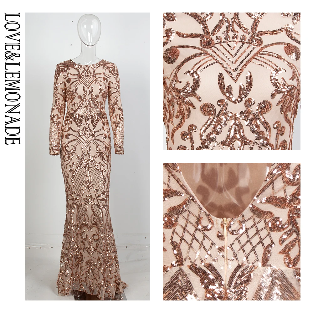 

LOVE&LEMONADE Sexy Round Neck Open Back Geometric Element Sequins Material Bodycon Long Sleeve Long Dress LM81238 GOLD