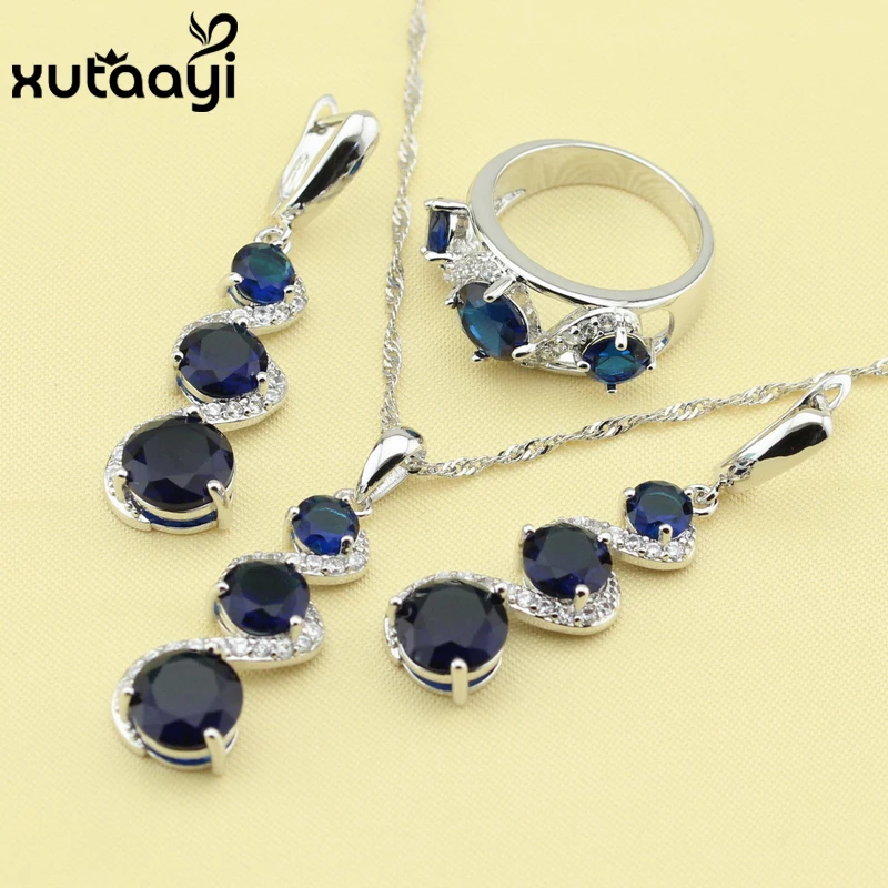 Fashion Women Wonderful Jewelry Sets  Silver Alluring Created Blue Cubic Zirconia Earring Ring Necklace Pendant Free Gift Box