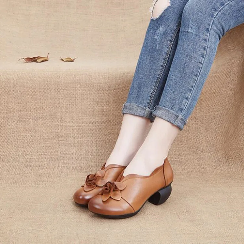 Женские туфли ручной работы в этническом стиле из коровьей кожи на высоком