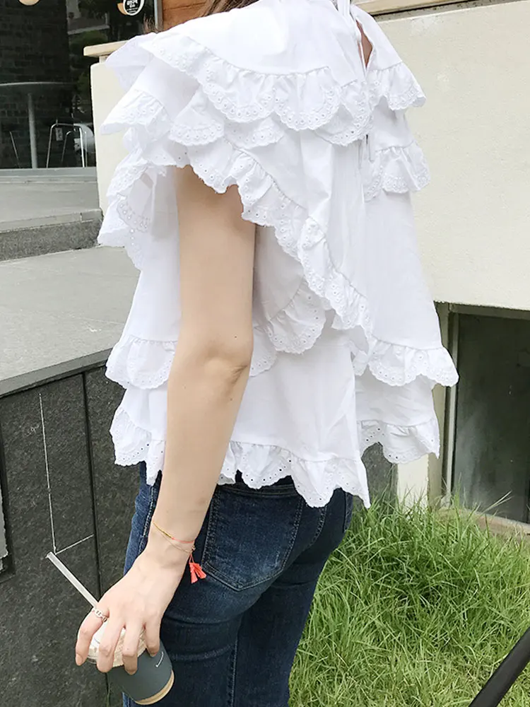 Spring and Summer Elegant Women Shirts Irregular Layers of Wooden Ear Doll Shirts Hollow Lace Stitching Flounce Shirts
