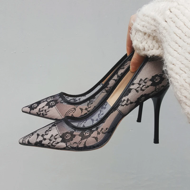 Boussac/элегантные женские туфли-лодочки на высоком каблуке; прозрачные свадебные туфли с цветочным кружевом; женская пикантная обувь для вечеринок с острым носком; SWB0107