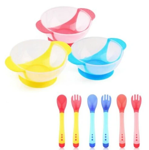 

Baby Feeding Training Bowl Temperature Sensing Spoon Suction Cup Tableware Set