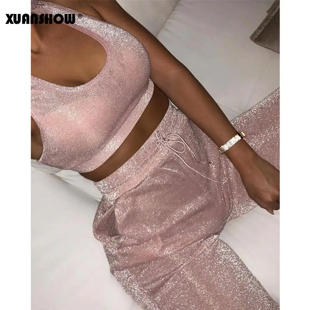XUANSHOW летний наряд женский спортивный костюм комплект из двух предметов укороченный топ и длинные штаны комплект спортивной одежды Conjuntos De Mujer