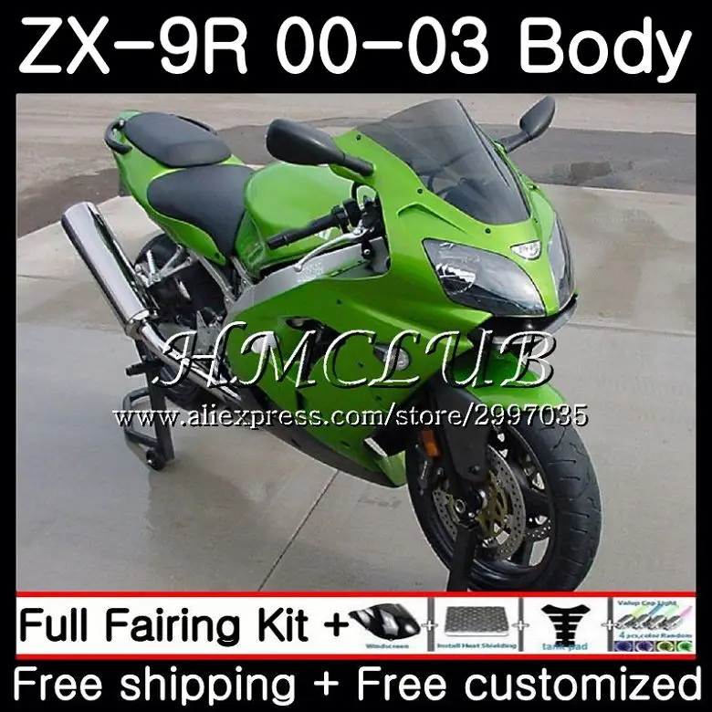 Глянцевый зеленый корпус для KAWASAKI NINJA ZX 9R 9 R 900 ZX-9R 2000 2001 2002 2003 62HC. 4 ZX900 900CC ZX9 ZX9R 00 01 02 03
