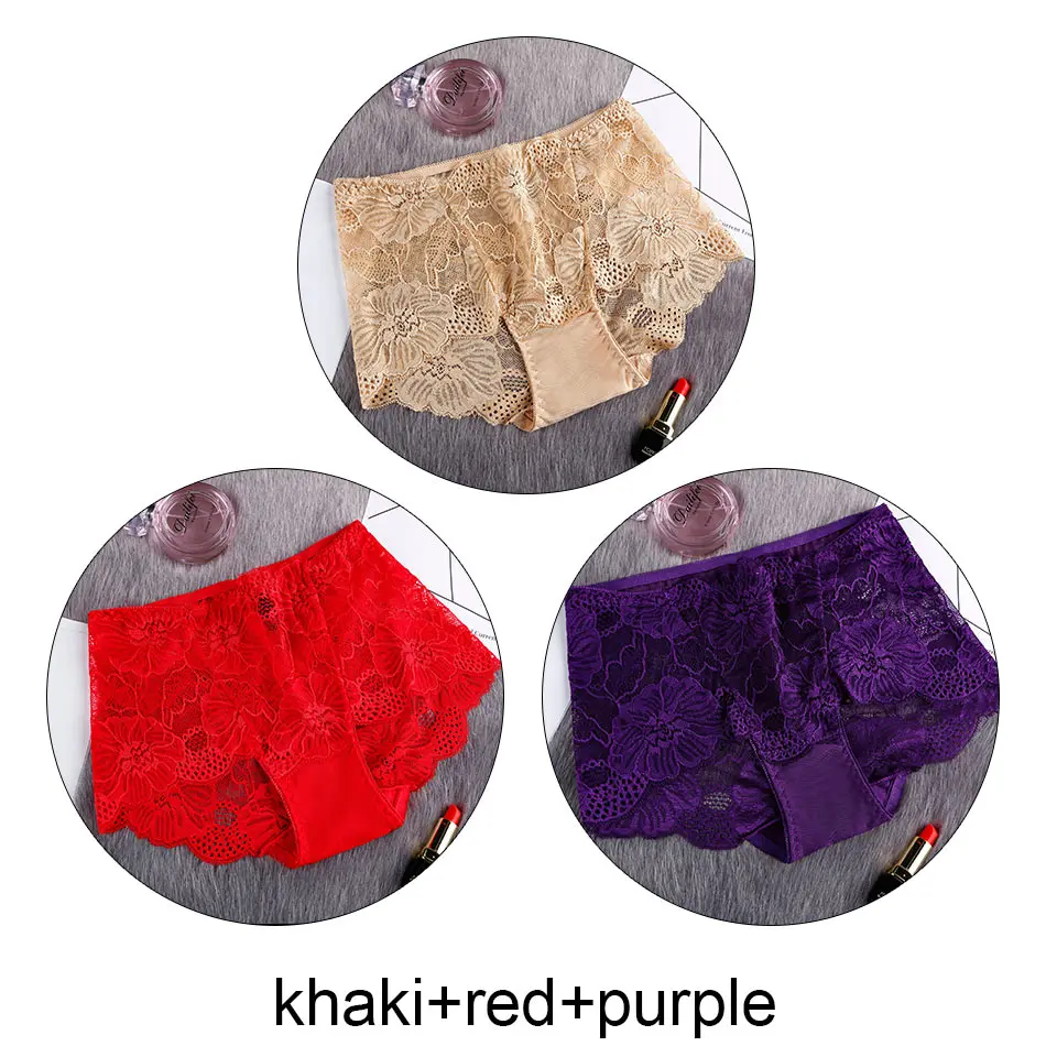 khaki red purple 3 шт., женские трусы, партия, сексуальные кружевные трусы с высокой талией, прозрачное дышащее нижнее белье, бесшовное белье, Cullote Femme L-XXL - Цвет: khaki red purple