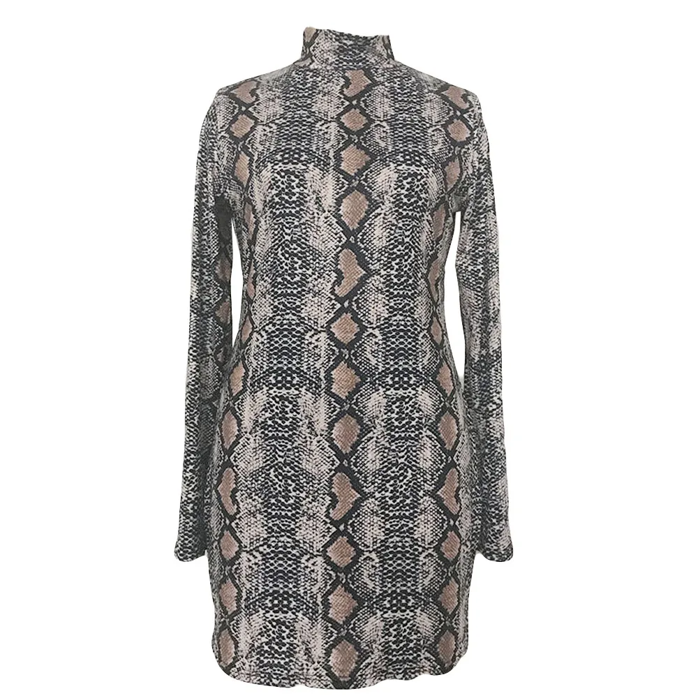 Women Dress Elegant Fashion Snake Print Dresses Long Sleeve Turtleneck Grain Hip vestidos femininos party 2018 dresses | Женская одежда