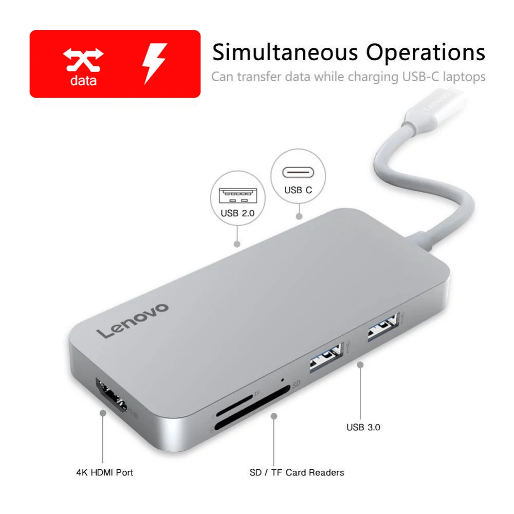 Lenovo Оригинал 7 в 1 USB-C концентратор Тип C Женский USB 3 0 TF/SD кардридер HDMI порт для Macbook