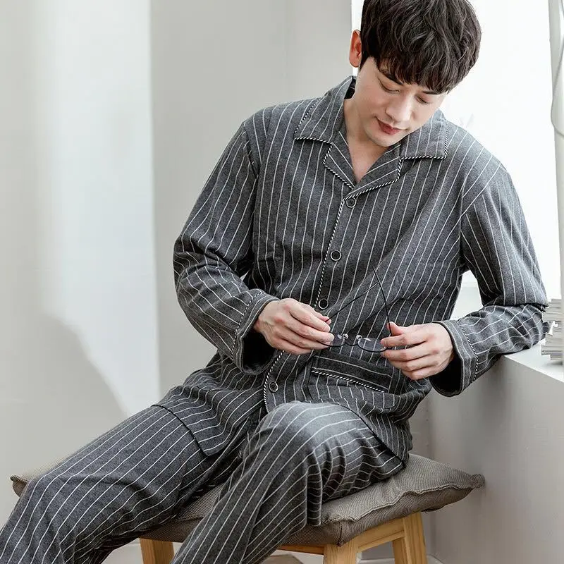 Мужской пижамный комплект в полоску с длинным рукавом Мужские пижамные