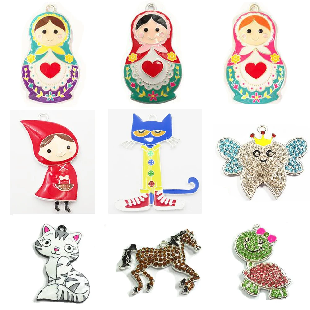 

( Choose Style First ) Each Style 10pcs/bag Enamel/Rhinestone Crayon cat,Horse,Red Girl,Turtle Pendants For Necklace Making