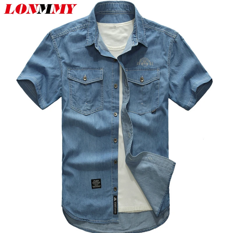 LONMMY плюс размер 5XL джинсы мужские рубашки хлопок ковбойские блузки Военный стиль