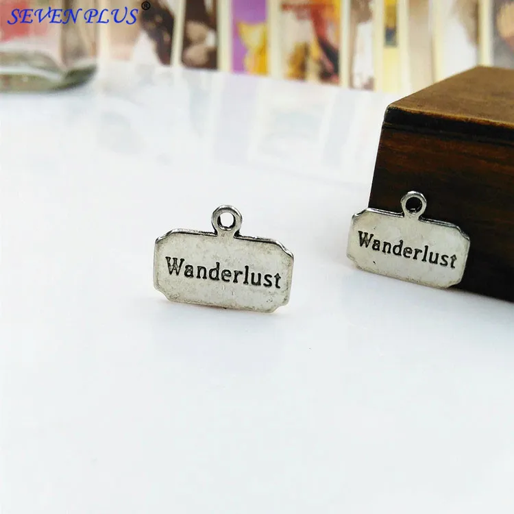 

M0025 High Quality 20 Pieces/Lot 13mm*18mm Letter Printed Wanderlust Antique Silver Plated Metal Charm For Jewelry Making