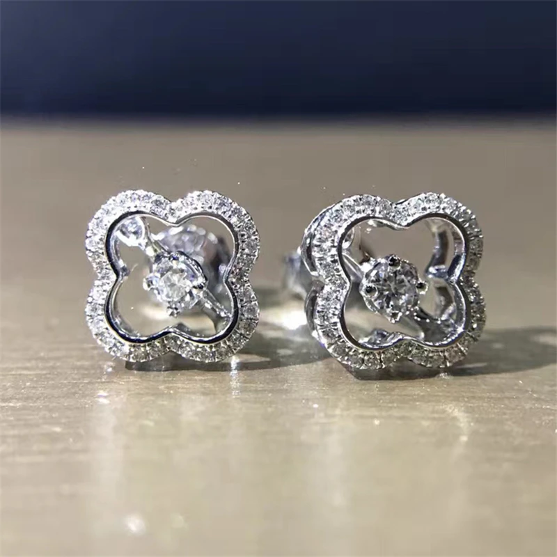 Lasamero 0.096ct 18 К белого золота Цветочные Полые филигрань натуральный Серьги с алмазами Серьги-гвоздики Ювелирные украшения для Для женщин