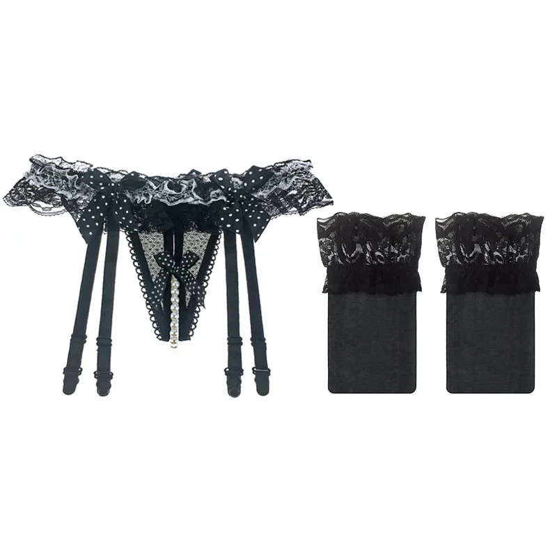 Black With Sotckings Сексуальные кружевные подвязки с поясом с открытой промежностью, трусики для женщин, сексуальное женское белье, женские свадебные подвязки с бантом, чулки до бедра - Цвет: Black With Sotckings
