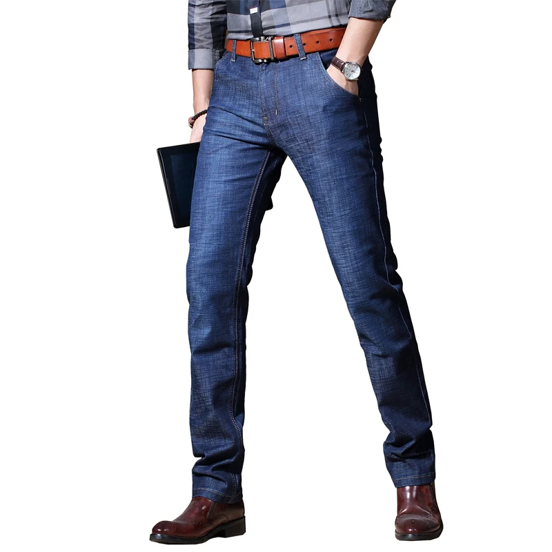 Осень 2017 г. Новинка зимы Бизнес Для мужчин джинсы Slim Straight Denim полной длины краткое