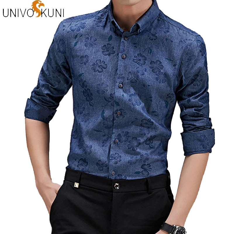 

2018 New Fashion Denim Shirt Men Fit Slim Long Sleeve Business Shirt Turn-down Collar Casual Floral 100% Cotton Men Shirt Q546