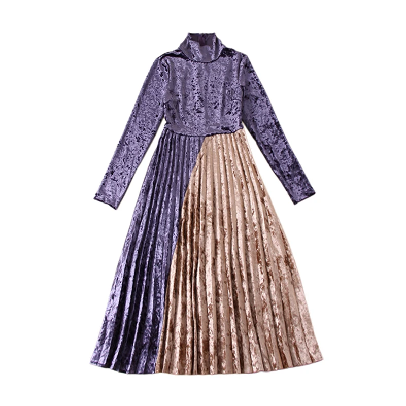 Велюровое платье Для женщин лоскутное плиссированные водолазка Одежда с длинным