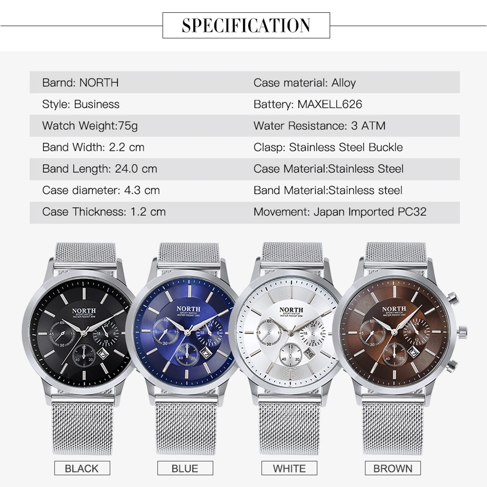 NORTH Men Watches Top Brand Luxury Business Quartz Watch Stainless steel Auto Date Sports Waterproof Relogio Masculino | Наручные часы