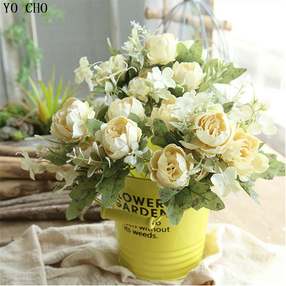 

YO CHO Peony Bouquet Artificial Silk Pink Peony Rose Red Flower Bouquet Arranging Flower For Wedding Home Decoration Fake Flores