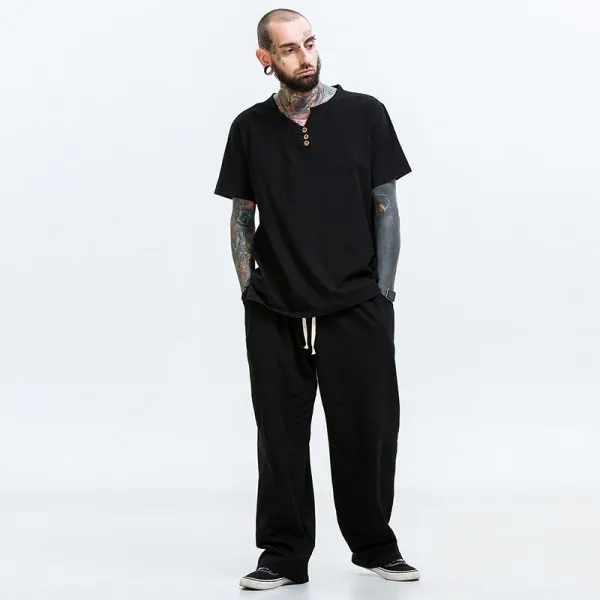 black long pants Мужская футболка большого размера, M-7xl 8XL 9XL, футболка, льняные футболки с длинными рукавами, повседневный костюм из двух предметов с v-образным вырезом, комплекты футболок 150 кг - Цвет: black long pants