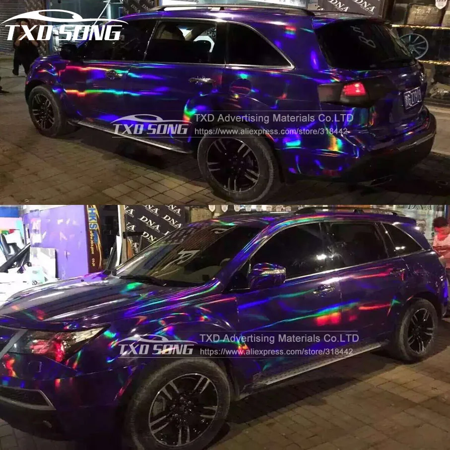 

20X49CM/Lot Premium 3 Layers Rainbow Purple Chrome Holographic Vinyl Wrapping Film Bubble Free For Car Wrapping