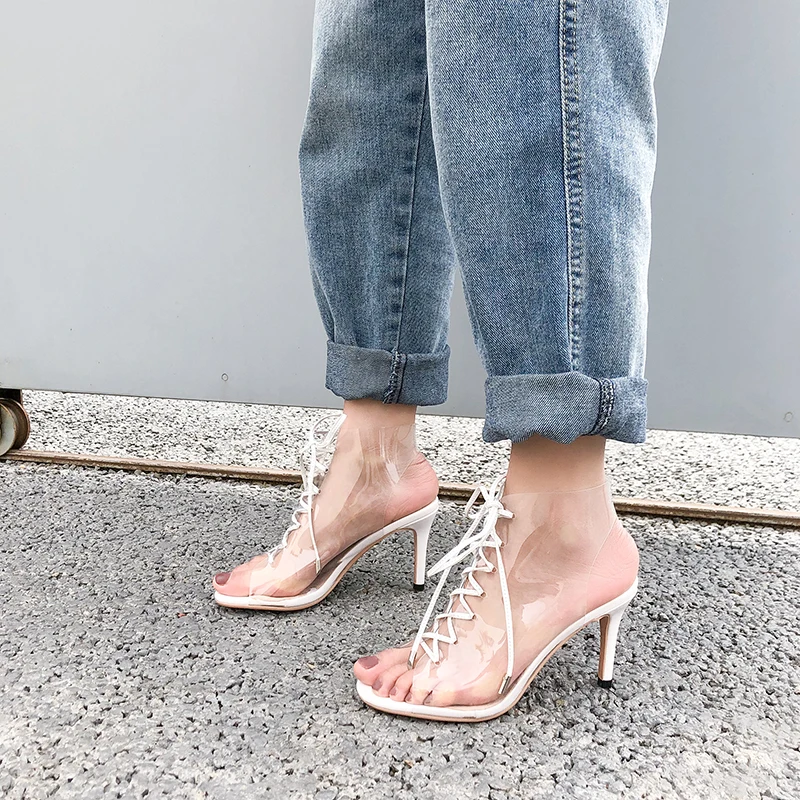 

WETKISS Gladiator Sandals Women 2019 Cross Tied Summer Sandals Transparent Pvc Shoes Female High Heels Party Shoes Woman White