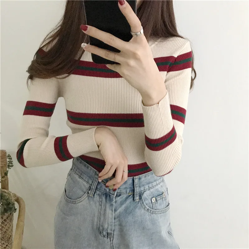 Женский винтажный свитер в полоску вязаный осенний с длинным рукавом и круглым