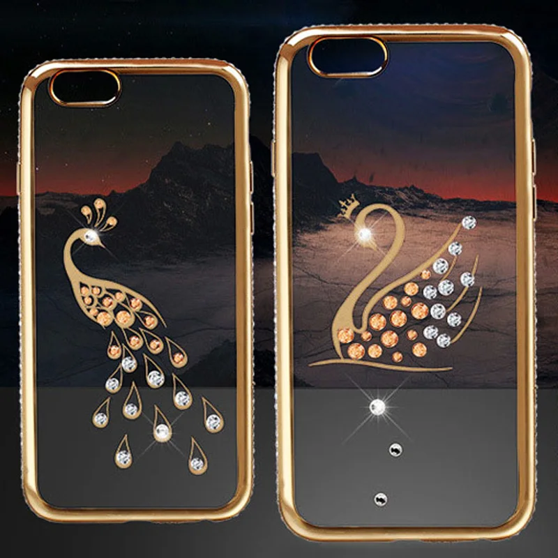 Для iPhone 7 Case Блеск Алмазный Ясно TPU Крышка Лебедь павлин Кристалл Rhinestone Silicone for Plus