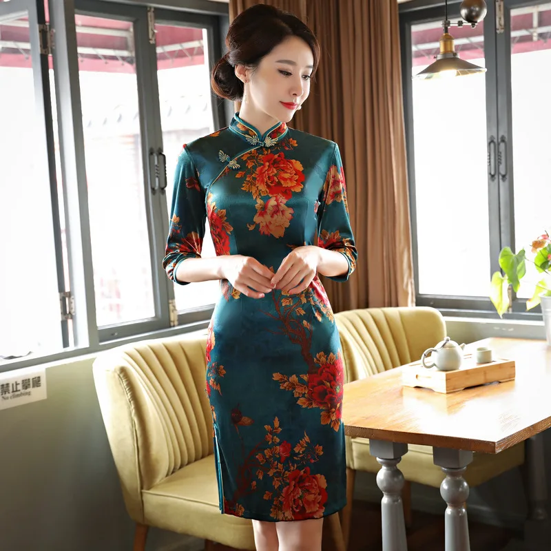 Женское бархатное короткое платье Qipao китайское традиционное винтажное с