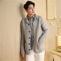 100hand made pure wool knit men fashion solid turn down collar thick loose single breasted cardigan sweater oneover size