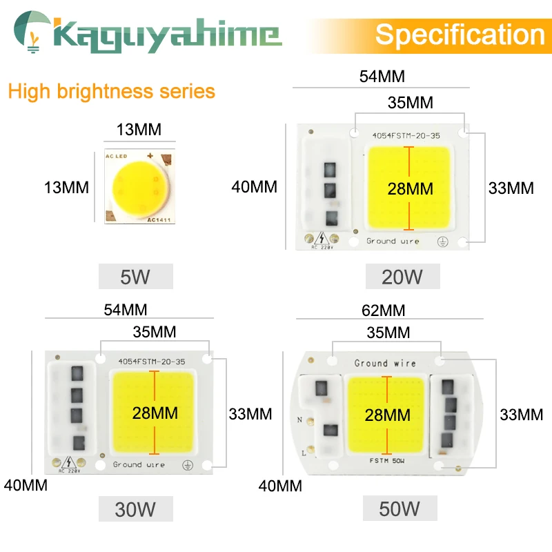 Kaguyahime 220 В светодиодный COB Чип 20 Вт 30 Вт 50 Вт 100 вт DIY прямоугольный Чип Прожектор без необходимости драйвер Светодиодный прожектор для выращивания растений