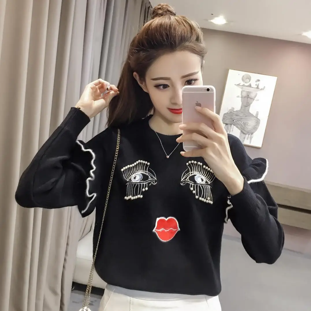 sweater women spring autumn winter 2017 feminina thin pullover fashion falbala embroidery nail bead white female A4542 | Женская одежда