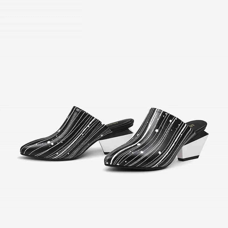 Мюли тапочки сандалии с острым носком для женщин странный квадратный каблук 6 см