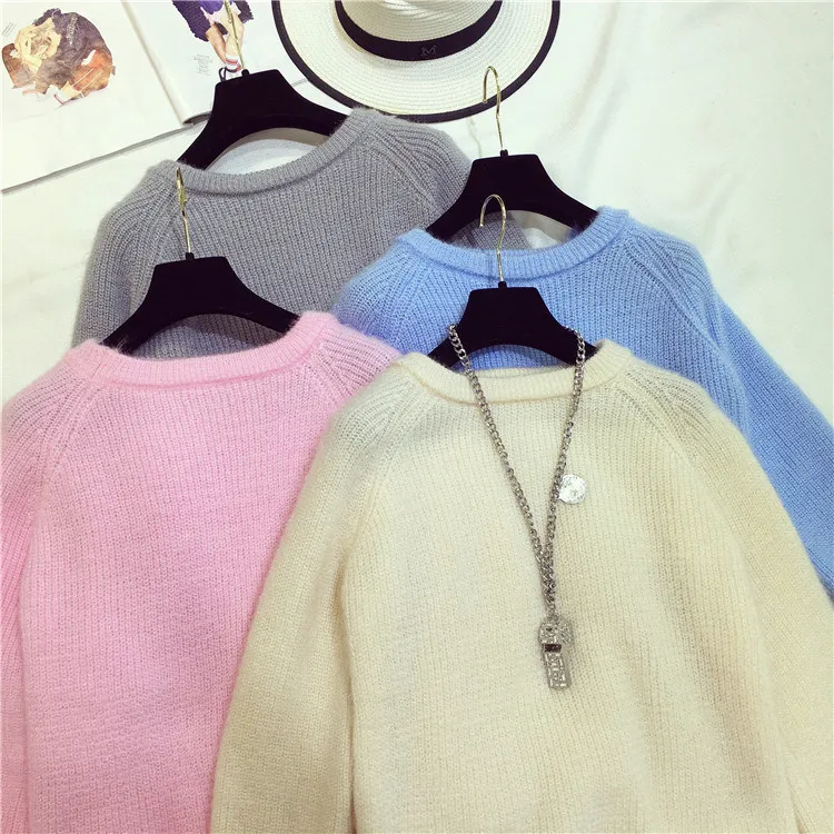 

Autumn Winter New Round Neck Sweaters Women's Loose Solid Color Thickening Knitted Pullovers Female Elegant Sweet Basic Jumpers