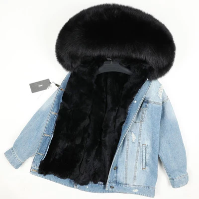 fox fur collar Зимняя куртка для женщин, бренд, настоящая короткая меховая накидка, парка из енота, лисы, воротник, Рекс, мех кролика, подкладка, отверстие, Бомбер, джинсовая куртка - Цвет: fox fur collar