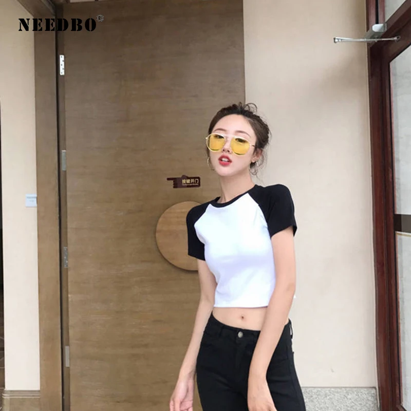 NEEDBO сексуальный укороченный топ футболка женская mujer одноцветная Спортивная