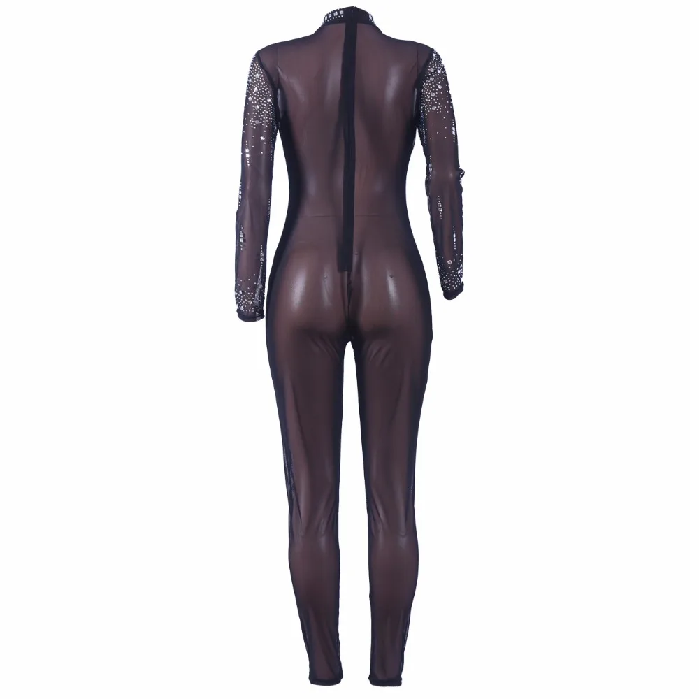 Для женщин Mock Neck Jumpsuit блесток горный хрусталь Алмазы комбинезоны с длинным рукавом Тощий комбинезон Клубная одежда Вечерние Одна деталь комбинезон
