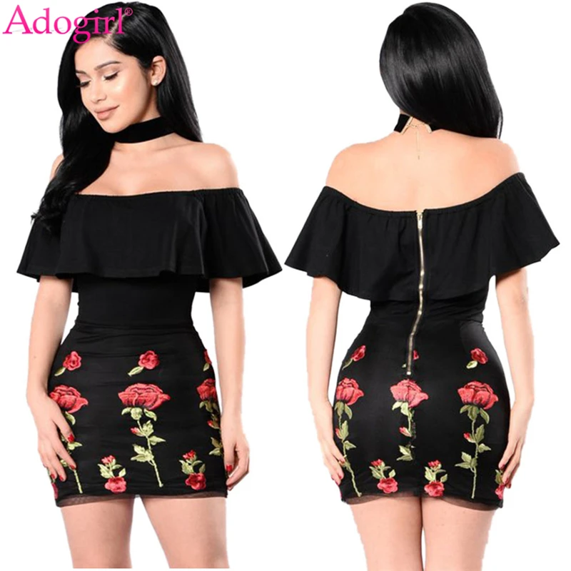 Adogirl Floral Embroidery Bodycon Mini Dress Women Off Shoulder Ruffle Bandage Short Club Party Dresses Clearance Sale Outfits | Женская