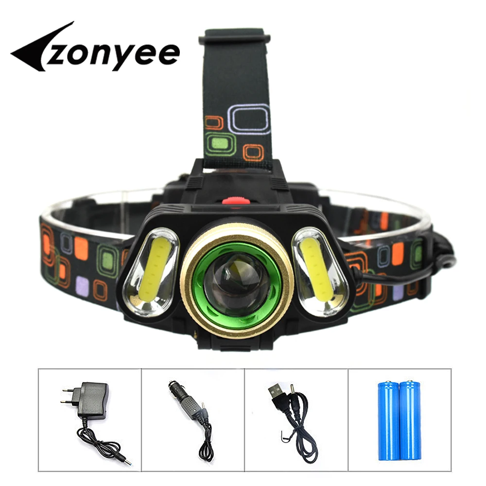 Zonyee 3LED T6 + 2COB светодиодный налобный фонарь масштабируемый водонепроницаемый