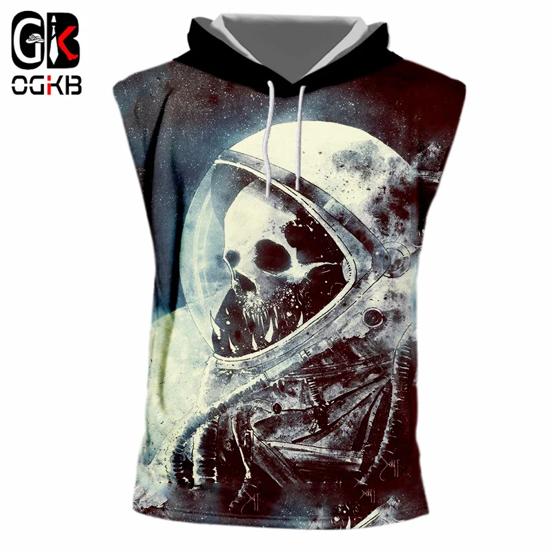 OGKB Новая мода Мужская крутая Печать Череп астронавт 3d с капюшоном майка Кепка