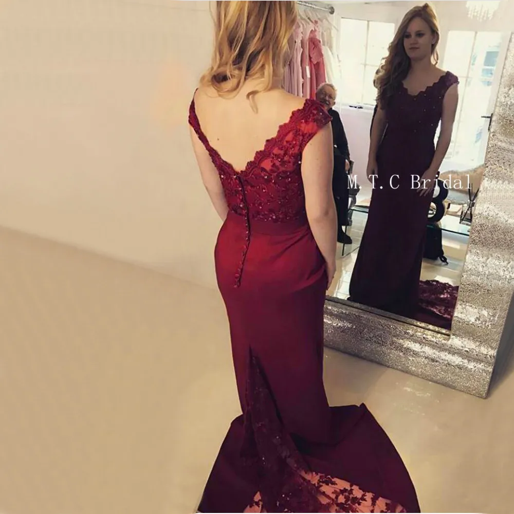 

Mermaid Burgundy Prom Dresses 2019 Custom Made Beaded Lace Elastic Satin Long Evening Gowns Vestido De Fiesta Cheap Party Dress