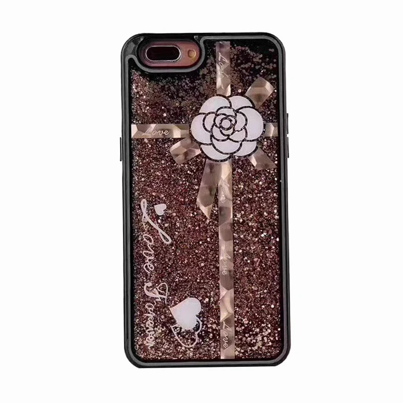 2018 Fashion summer cool luxury camellia flower ribbon gift box package love gold glitter liquid quicksand case cover For Iphone |